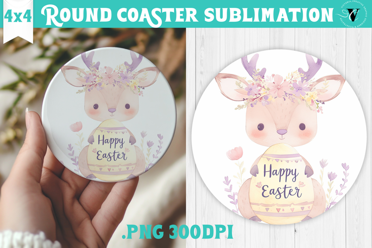 Easter Round Coaster | Watercolor Reindeer | Happy Easter