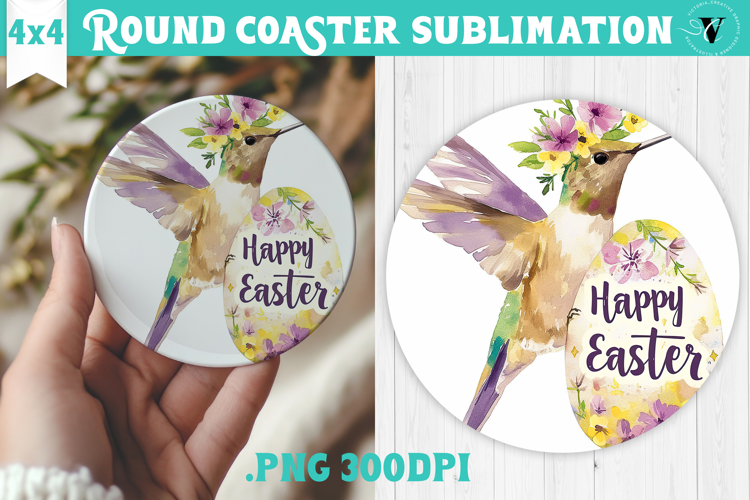 Easter Round Coaster | Watercolor Hummingbird | Happy Easter