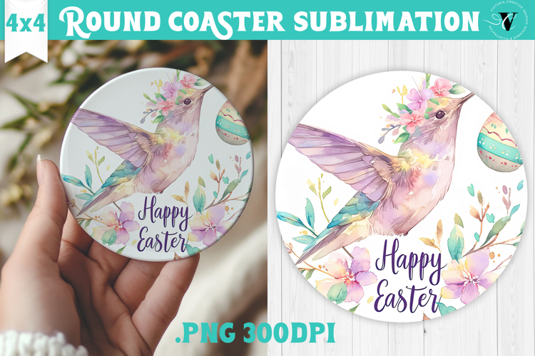 Easter Round Coaster | Watercolor Hummingbird | Happy Easter