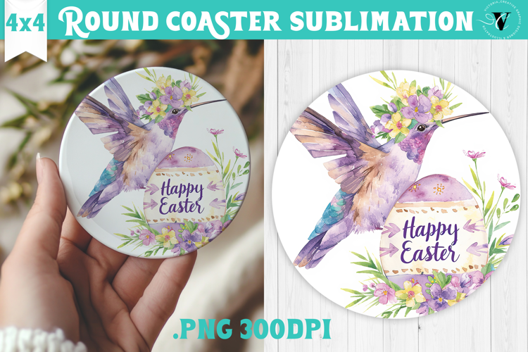 Easter Round Coaster | Watercolor Hummingbird | Happy Easter