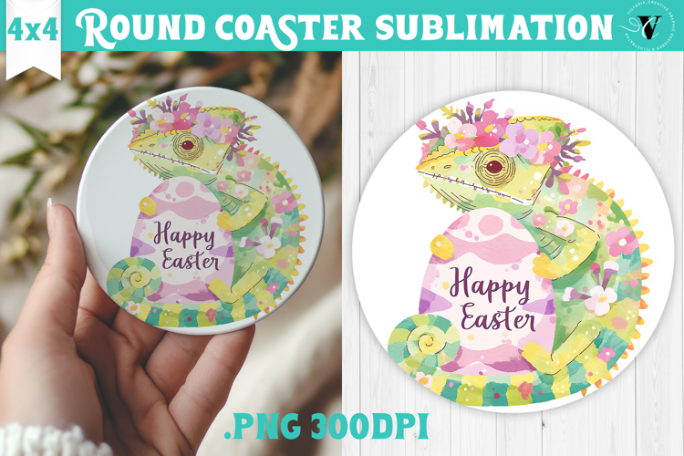 Easter Round Coaster | Watercolor Chameleon | Happy Easter