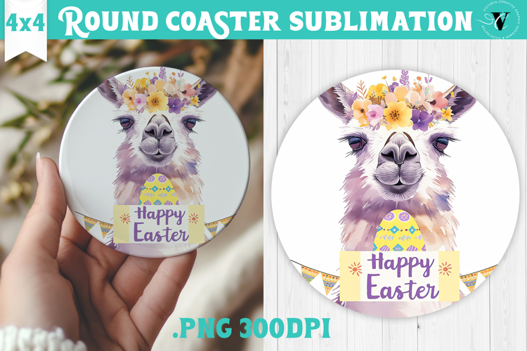 Easter Round Coaster | Watercolor Lama | Happy Easter