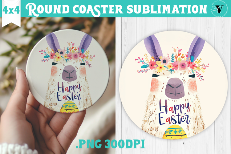 Easter Round Coaster | Watercolor Lama | Happy Easter