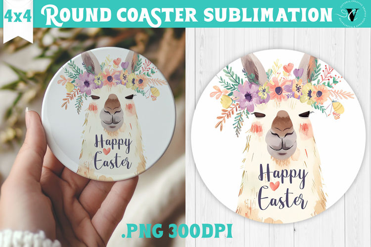 Easter Round Coaster | Watercolor Lama | Happy Easter example image 1