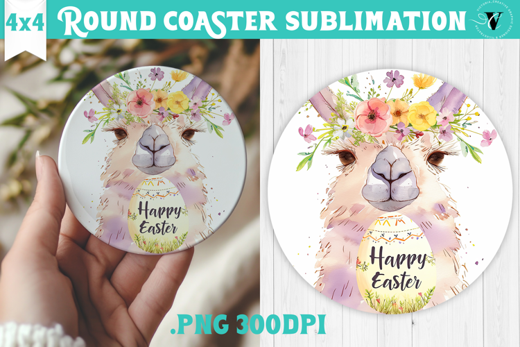 Easter Round Coaster | Watercolor Lama | Happy Easter