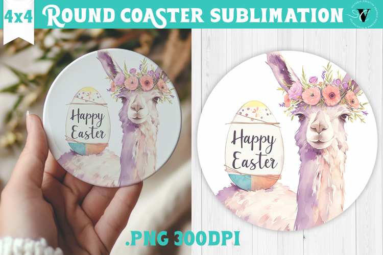 Easter Round Coaster | Watercolor Lama | Happy Easter
