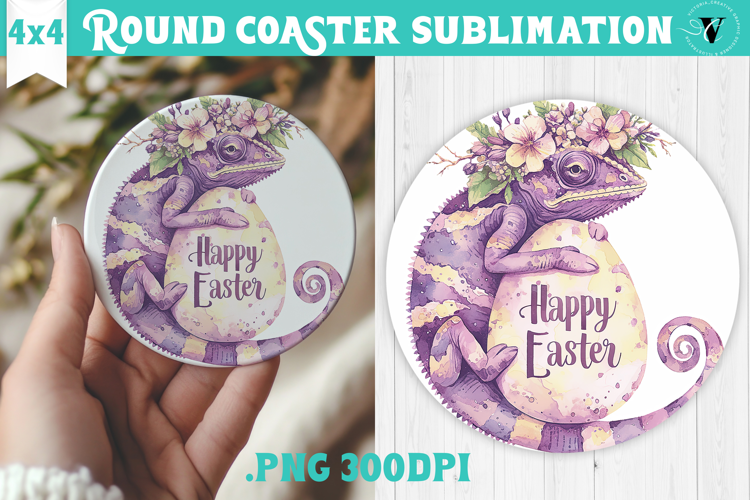 Easter Round Coaster | Watercolor Chameleon | Happy Easter
