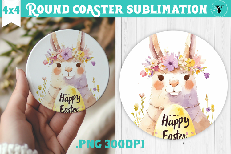 Easter Round Coaster | Watercolor Lama | Happy Easter example image 1