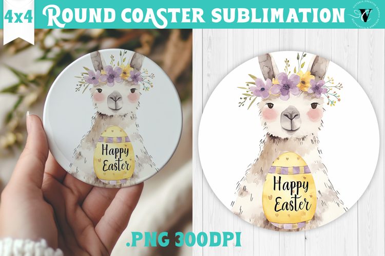 Easter Round Coaster | Watercolor Lama | Happy Easter