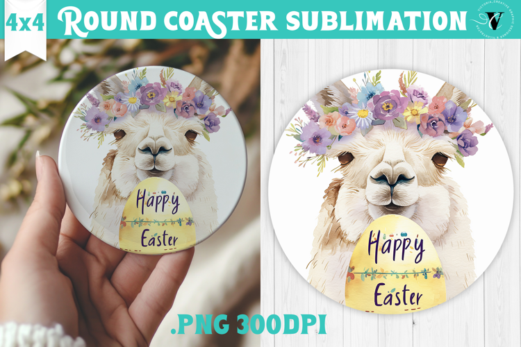 Easter Round Coaster | Watercolor Lama | Happy Easter