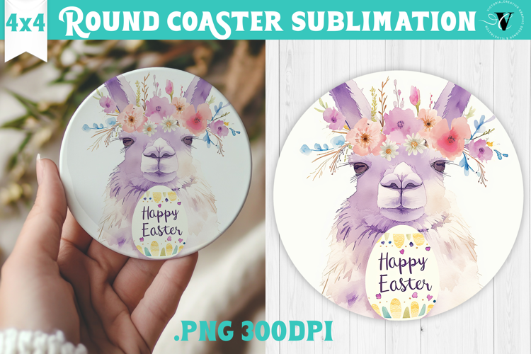 Easter Round Coaster | Watercolor Lama | Happy Easter