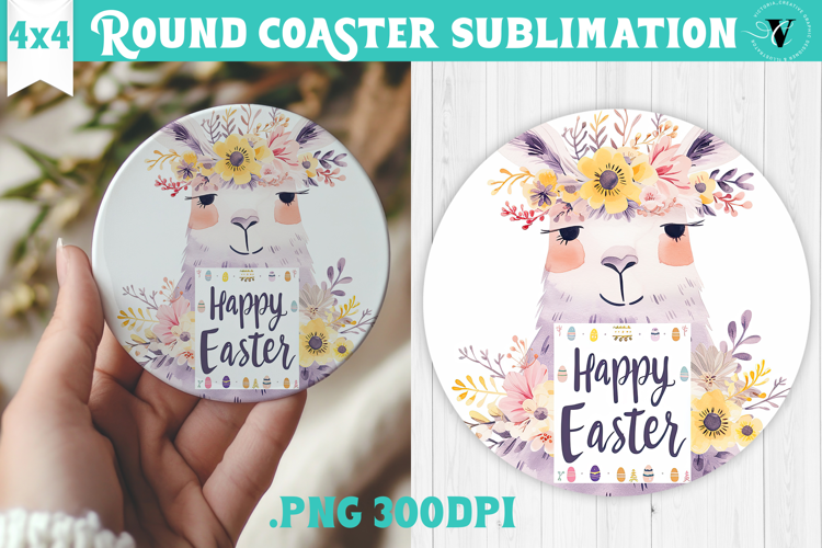Easter Round Coaster | Watercolor Lama | Happy Easter