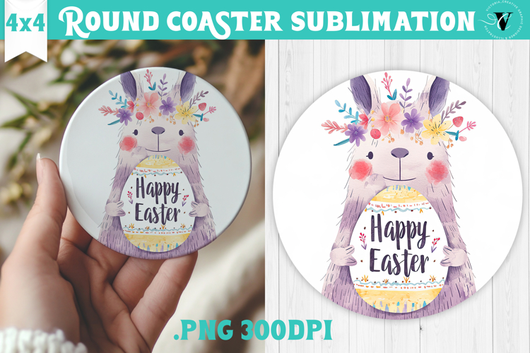 Easter Round Coaster | Watercolor Lama | Happy Easter example image 1