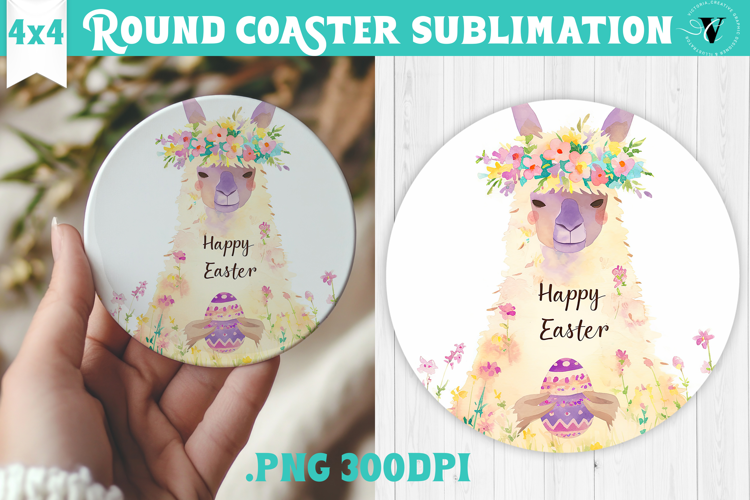 Easter Round Coaster | Watercolor Lama | Happy Easter