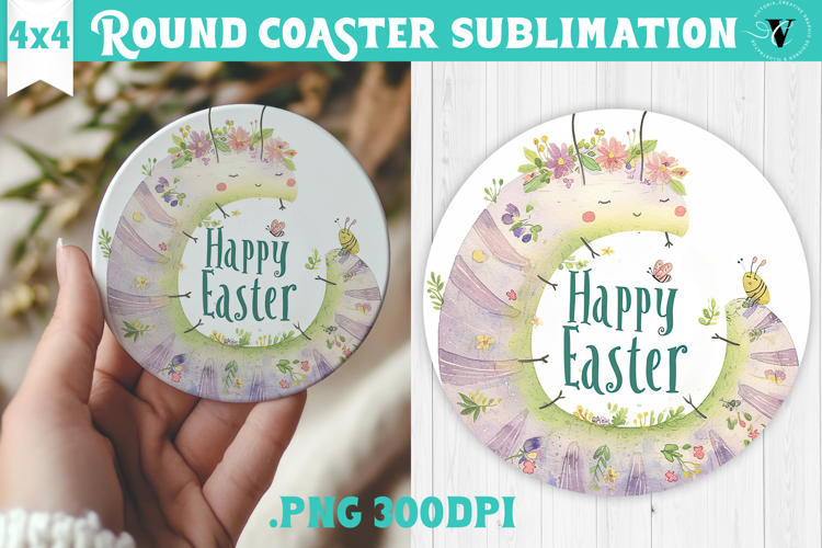 Easter Round Coaster | Watercolor Caterpillar | Happy Easter