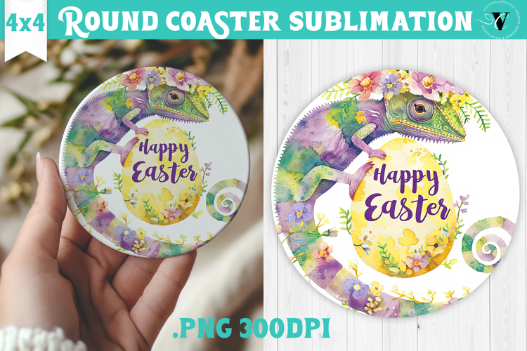 Easter Round Coaster | Watercolor Chameleon | Happy Easter