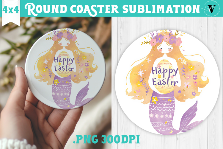 Easter Round Coaster | Watercolor Mermaid | Happy Easter