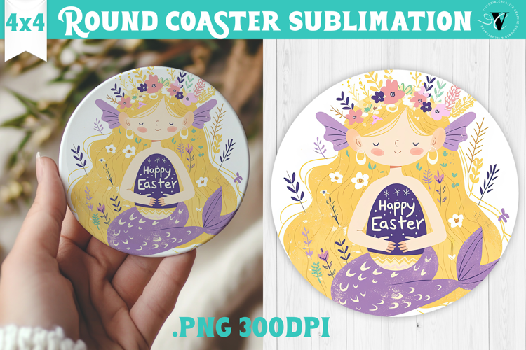 Easter Round Coaster | Watercolor Mermaid | Happy Easter