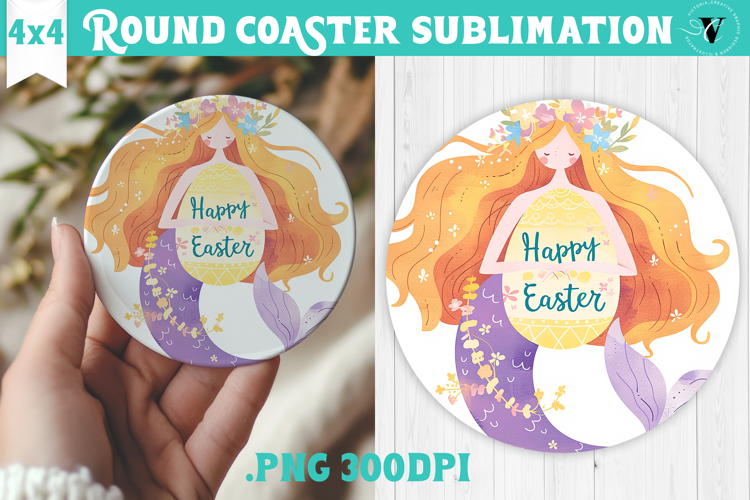 Easter Round Coaster | Watercolor Mermaid | Happy Easter