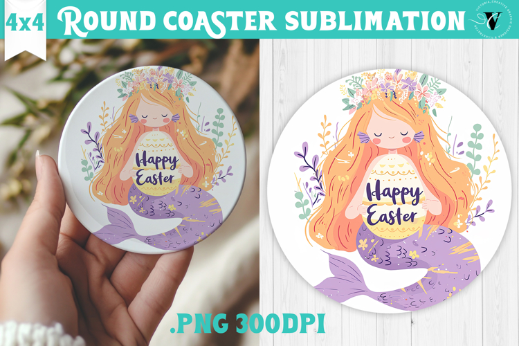Easter Round Coaster | Watercolor Mermaid | Happy Easter
