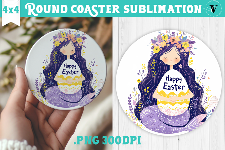 Easter Round Coaster | Watercolor Mermaid | Happy Easter