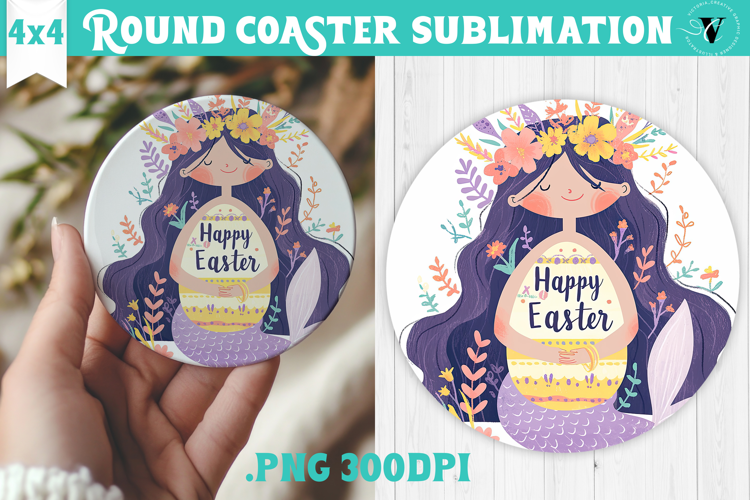 Easter Round Coaster | Watercolor Mermaid | Happy Easter