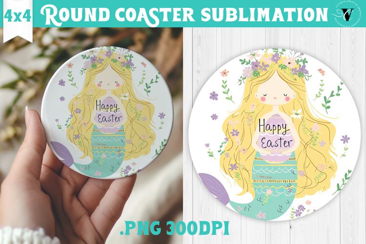Easter Round Coaster | Watercolor Mermaid | Happy Easter
