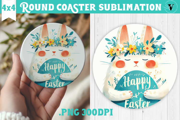 Easter Round Coaster | Watercolor Cat | Happy Easter