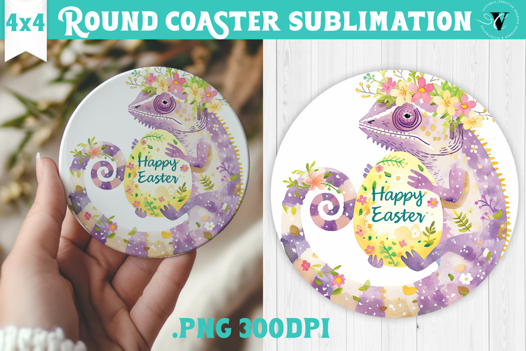 Easter Round Coaster | Watercolor Chameleon | Happy Easter