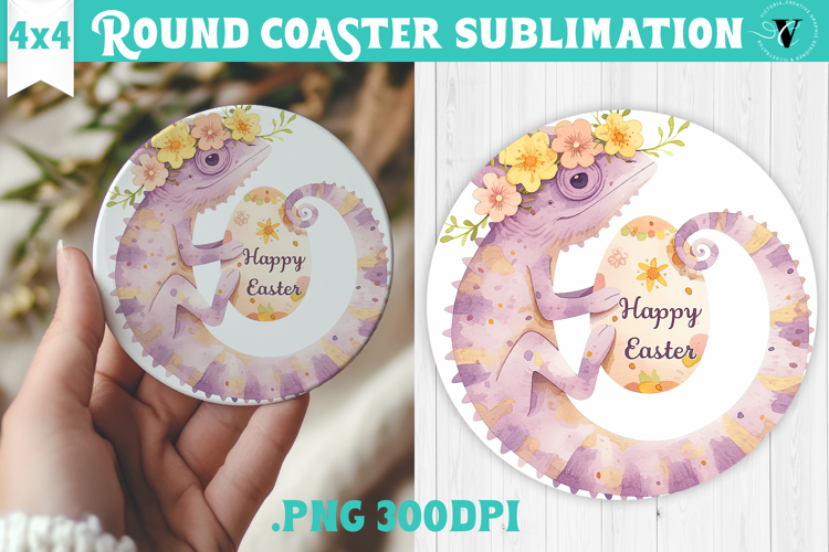 Easter Round Coaster | Watercolor Chameleon | Happy Easter