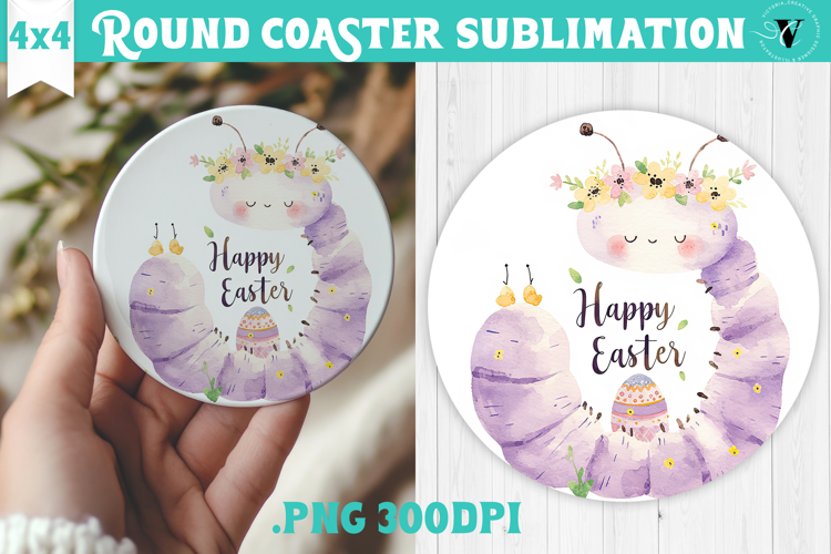 Easter Round Coaster | Watercolor Caterpillar | Happy Easter