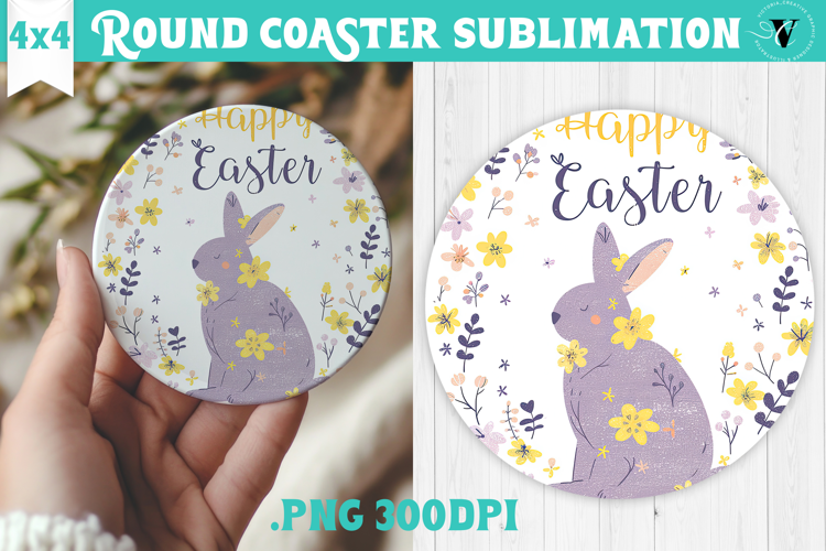 Easter Round Coaster | Watercolor Bunny | Happy Easter