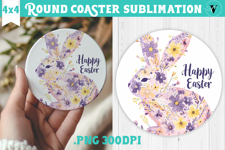 Easter Round Coaster | Watercolor Bunny | Happy Easter