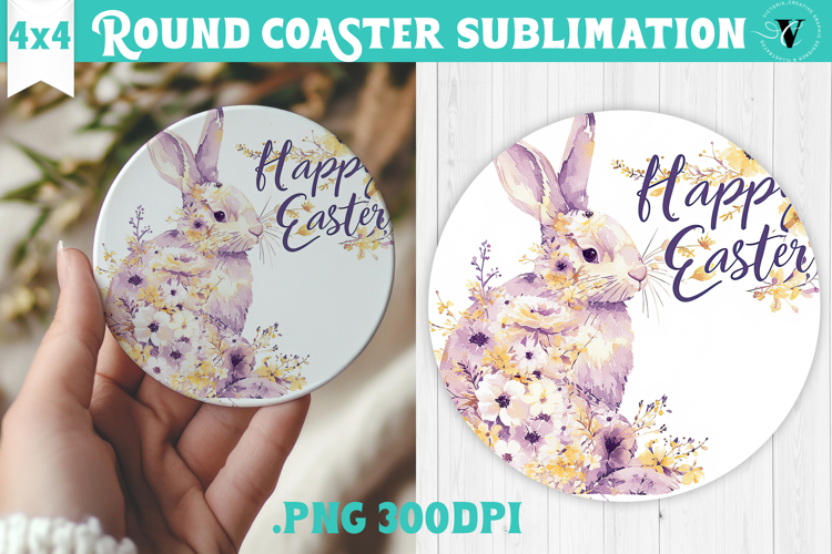Easter Round Coaster | Watercolor Bunny | Happy Easter example image 1