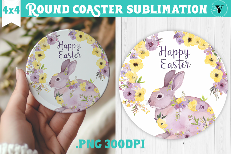 Easter Round Coaster | Watercolor Bunny | Happy Easter