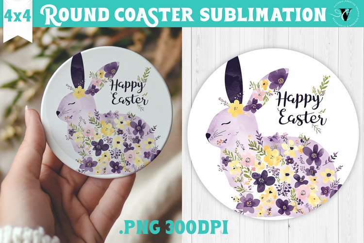 Easter Round Coaster | Watercolor Bunny | Happy Easter