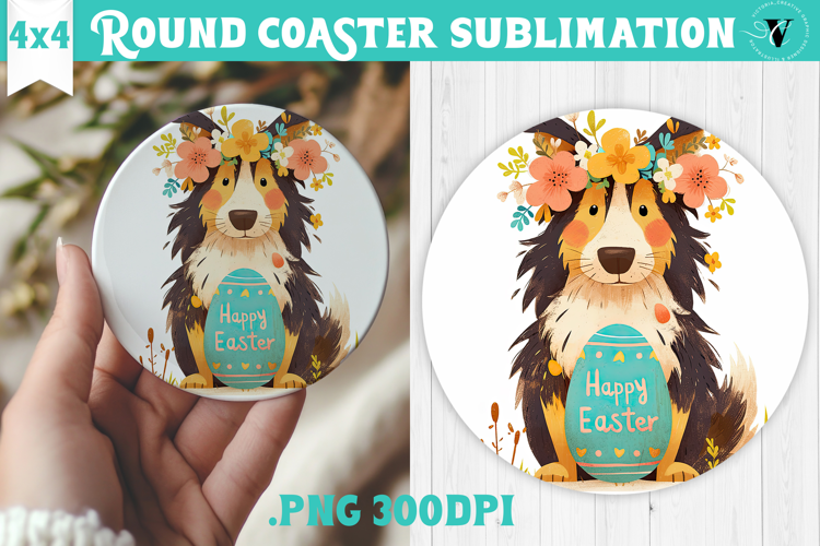 Easter Round Coaster | Watercolor Dog | Happy Easter
