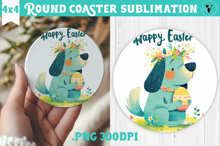Easter Round Coaster | Watercolor Dog | Happy Easter