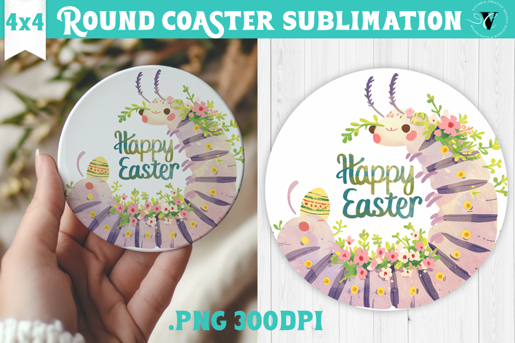 Easter Round Coaster | Watercolor Caterpillar | Happy Easter