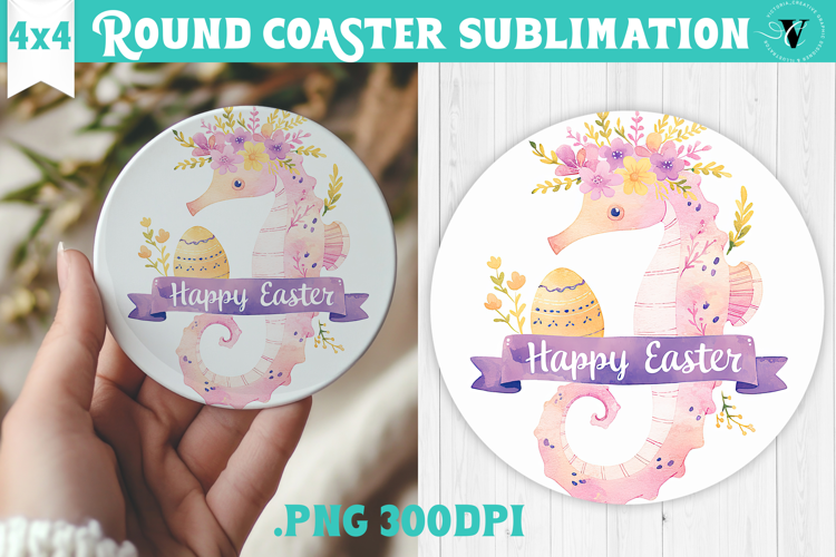 Easter Round Coaster | Watercolor Seahorse | Happy Easter
