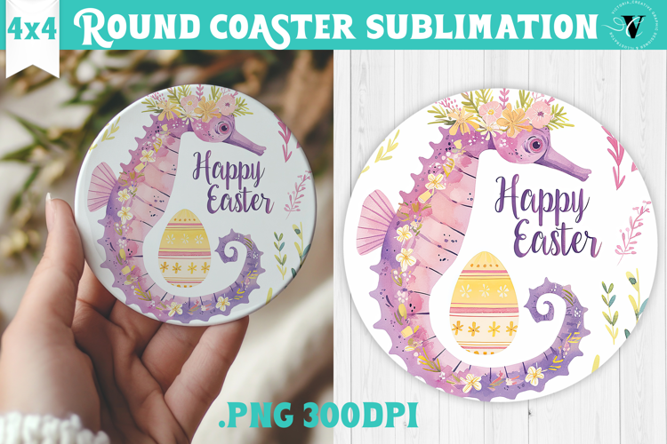 Easter Round Coaster | Watercolor Seahorse | Happy Easter