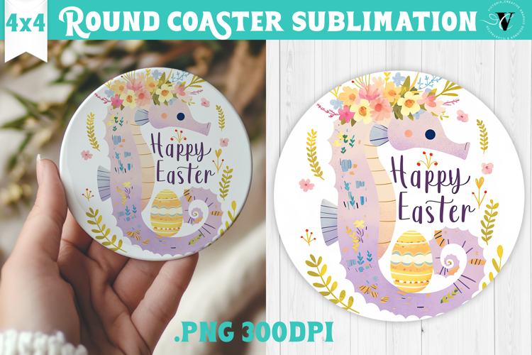 Easter Round Coaster | Watercolor Seahorse | Happy Easter