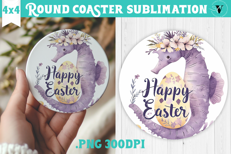 Easter Round Coaster | Watercolor Seahorse | Happy Easter