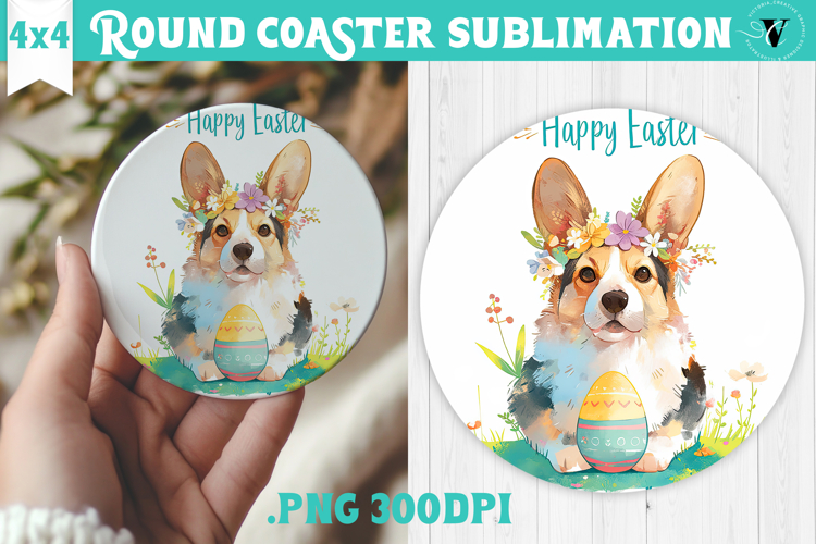 Easter Round Coaster | Watercolor Dog | Happy Easter example image 1