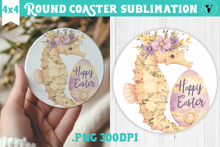 Easter Round Coaster | Watercolor Seahorse | Happy Easter