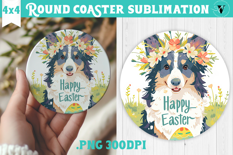 Easter Round Coaster | Watercolor Dog | Happy Easter