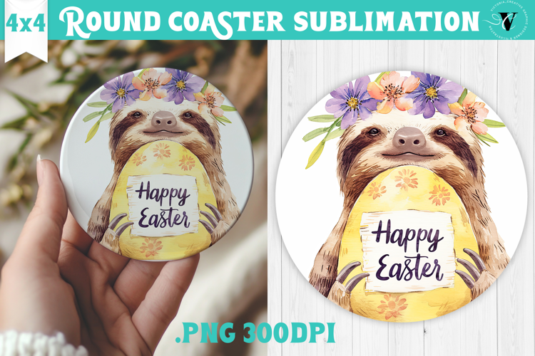 Easter Round Coaster | Watercolor Sloth | Happy Easter