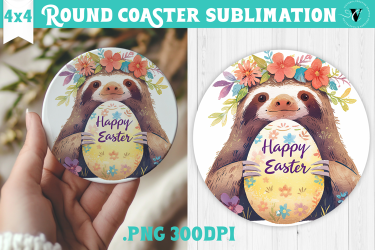 Easter Round Coaster | Watercolor Sloth | Happy Easter