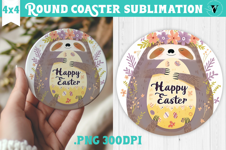Easter Round Coaster | Watercolor Sloth | Happy Easter