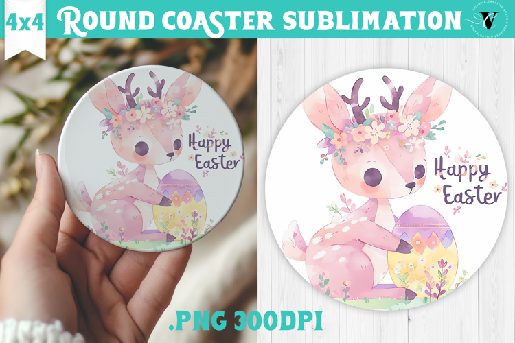 Easter Round Coaster | Watercolor Reindeer | Happy Easter